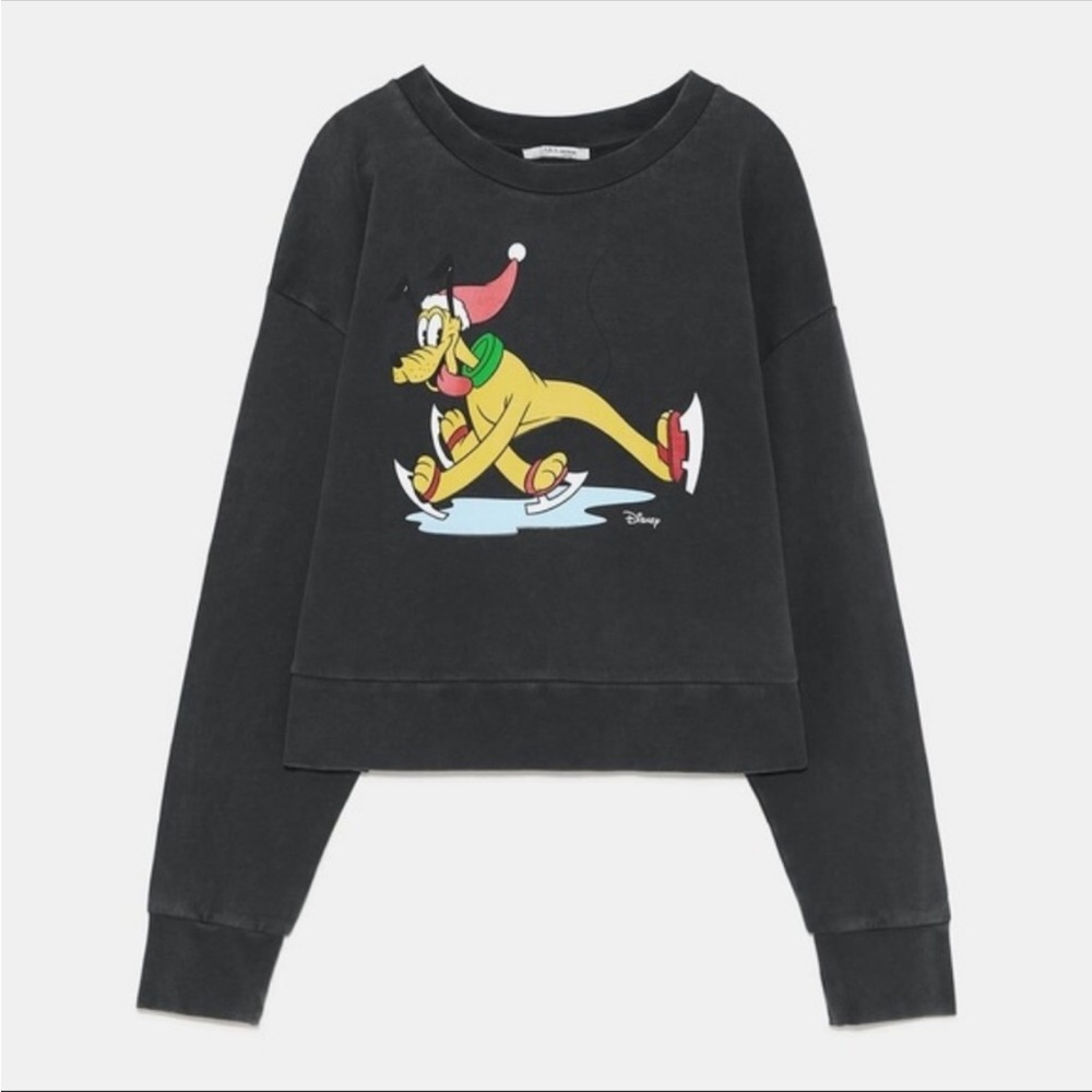 Zara Disney Pluto Disney Christmas boxy crop pullover sweatshirt M washed black